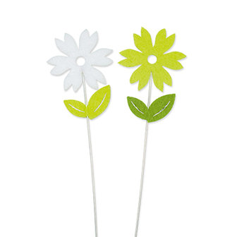 Vilt bloemetjes wit en groen op steker 2 stuks per setje