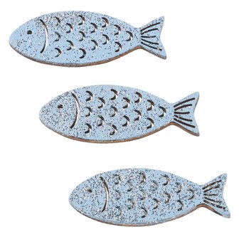 Hout vis zacht blauw zilver 4 cm 3 stuks per zakje