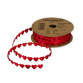 Satijn mini hartjes band, Rood,8 mm breed ca. 8 meter per rol