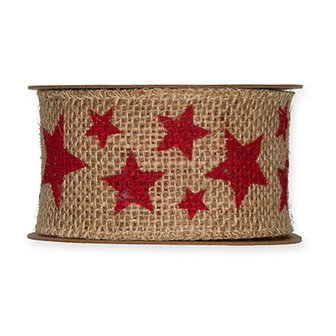 Jute band 5 cm breed sterren rood per rol