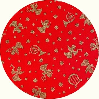 Vilt lap 30 x 40 cm, Diep Rood/Goud, print Kerst engelen 