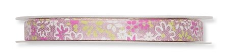 Bedrukt lint bloemetjes, 10 mm breed Roze, per rol