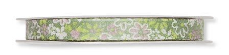 Bedrukt lint bloemetjes, 10 mm breed Mint/Groen, per rol