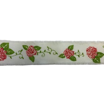 Lint wit met rode rozen print 3,5 cm breed 1 meter lang per zakje
