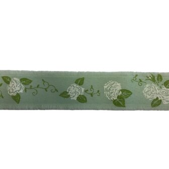 Lint mint met witte rozen print 3,5 cm breed 1 meter lang per zakje