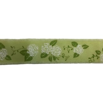 Lint groen met witte rozen print 3,5 cm breed 1 meter lang per zakje