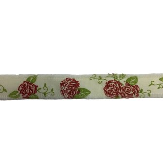 Lint creme met rode rozen print 1,8 cm breed 1 meter lang per zakje