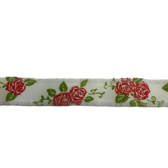 Lint wit met rode rozen print 1,8 cm breed 1 meter lang per zakje