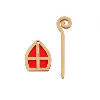 Houten mijter &amp; staf Rood/Goud 