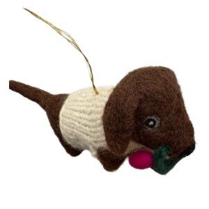 Handgemaakte wol vilt hanger, Teckel met kerstlampjes  