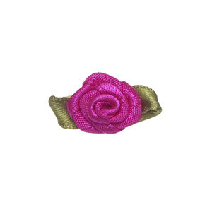 Satijnen roosje knal roze met blad 15 mm 10 stuks per zakje