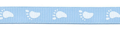 Baby voetjes lint blauw met witte voetjes 10 mm breed per meter