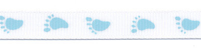 Baby voetjes lint wit met blauwe voetjes 10 mm breed per meter