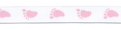 Baby voetjes lint wit met roze voetjes 10 mm breed per meter