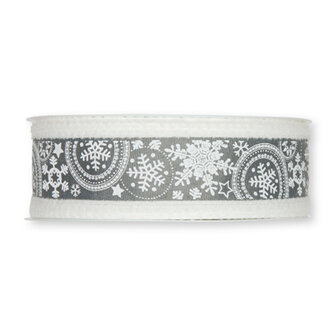 Kerst lint wit grijs sneeuw print 40 mm breed 1 meter per zakje
