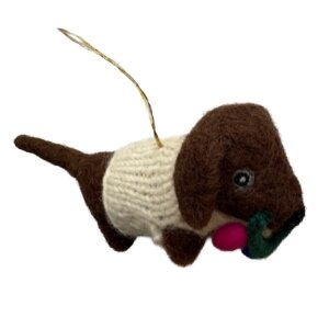 Handgemaakte wol vilt hanger, Teckel met kerstlampjes  